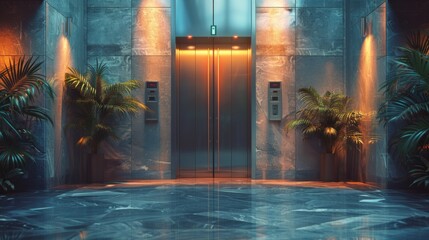 Modern elevator interior with reflective metal walls and warm lighting - 758090921