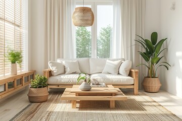 Minimalist White and Beige Living Room with Natural Wood Furniture and Plants