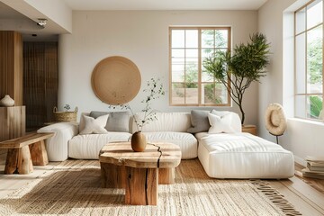 Fototapeta na wymiar Minimalist White and Beige Living Room with Natural Wood Furniture and Plants