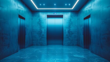 Modern elevator interior with reflective metal walls and warm lighting - 758090945