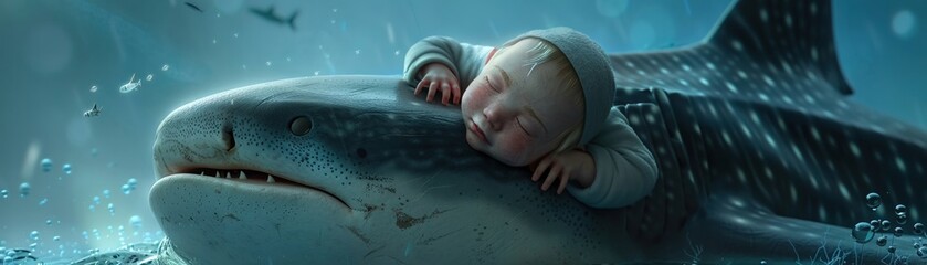 A peaceful scene of a baby napping soundly on the back of a docile shark