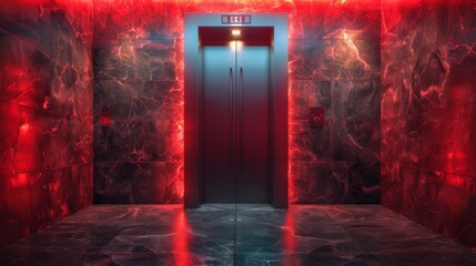Modern elevator interior with reflective metal walls and warm lighting - 758090975