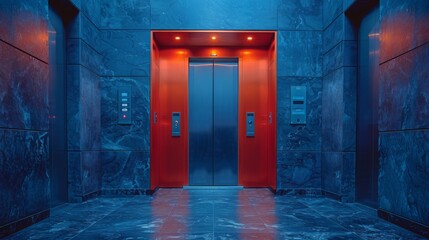 Modern elevator interior with reflective metal walls and warm lighting