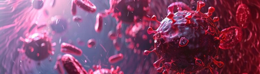 An artistic interpretation of the pandemic consequences of a red virus outbreak through a microscope view of the bloodstream. 3D render - obrazy, fototapety, plakaty