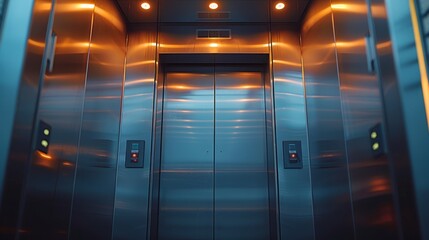 Modern elevator interior with reflective metal walls and warm lighting - 758091153