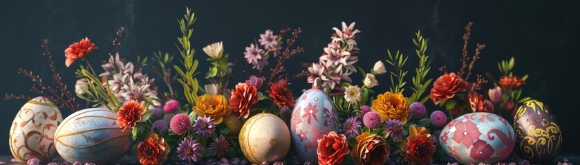 An elegant arrangement of spring flowers and intricately decorated Easter eggs set against a dark backdrop. 3D render