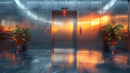 Modern elevator interior with reflective metal walls and warm lighting - 758091184