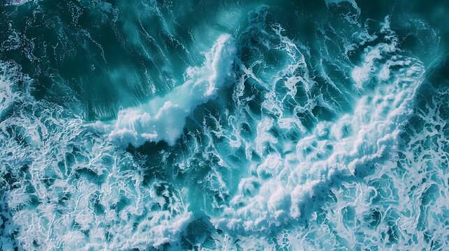 The image is an aerial view of the surface of the ocean. The water is a deep blue color and the waves are white.