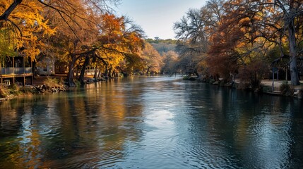 Sun-kissed guadalupe river in new braunfels, texas: serene waterscape with lush surroundings - obrazy, fototapety, plakaty