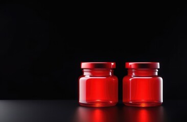 Red jars without inscriptions for skin care on a black background in backlight with space for text