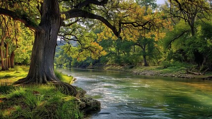 Sun-kissed guadalupe river in new braunfels, texas: serene waterscape with lush surroundings