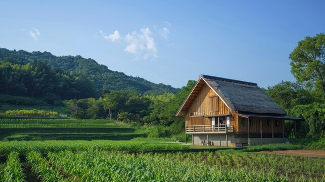 rice barn and granary aesthetics, wooden exteriors, shining concrete base, surrounded by a beautiful garden, serene natural light,