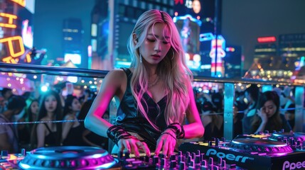 woman dancing in nightclub, a beautiful charming dj on rooftop outdoor night view so many dancing people front of booth, great night view