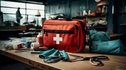 Fototapeta premium Expansive view of a first aid kit in a workshop or construction site.