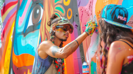 A female street artist is seen adding vibrant colors to a mural on an urban wall, with focus on...
