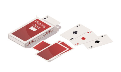 Stack of playing cards with four aces of suits of hearts, spades, diamonds, crosses. Try your luck to win. Competitive game. Isolated on white background. Vector illustration