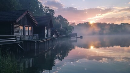 Fototapeta premium Lakeside serenity: captivating houses by the lake in the radiant glow of sunrise