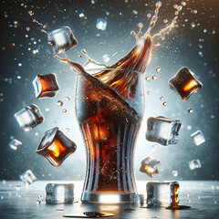 Dramatic advertising scene with a tilted glass of cola, ice floating in mid-air, capturing the refreshing excitement of cola. AI Generated.