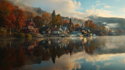 Fototapeta premium Lakeside serenity: captivating houses by the lake in the radiant glow of sunrise