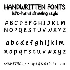 Simple handwritten fonts set. Left handed writing alphabet. Vector uppercase, lowercase, number and symbols left handwriting fonts style isolated on white background. Simple fonts use for decorative.