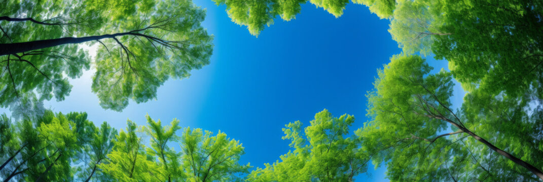 green leaves and sky, Clear blue sky and green trees seen from below. Carbon neutrality concept presented in a vertical format. Pictures for Earth Day or World Environment Day desktop backgrounds.