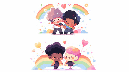 LGBT friend and couples with happiness and smile, Pride month , gay and lesbian relationship. Rainbow and Pride element with white background.