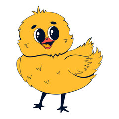 Cute little chicken character in retro style. Vector illustration of a small yellow bird on a white isolated background.