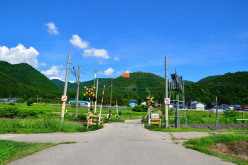 夏の会津磐梯山と踏切（福島県）