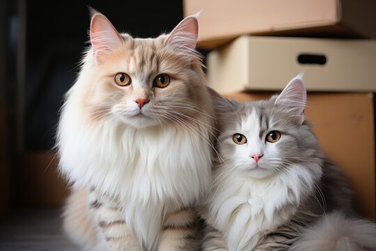 Moving concept. two cats exploring an empty room filled with cardboard boxes, home relocation idea