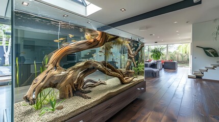 large aquascape aquarium with driftwood in a modern home - obrazy, fototapety, plakaty