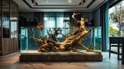 large aquascape aquarium with driftwood in a modern home 
