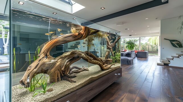 large aquascape aquarium with driftwood in a modern home