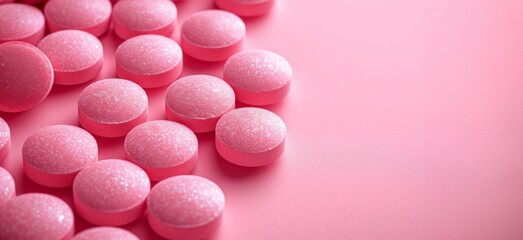 Obraz na płótnie Canvas Pink pills, medicine round tables on pink background, copy space
