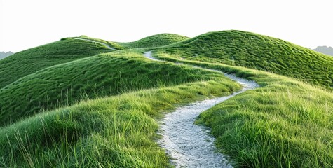 Fototapeta na wymiar White background, grassy hills with winding dirt paths, green grass, white path, high resolution, landscape photography, wide angle lens, green grass on the hillside, curved road, path, clear sky, pur