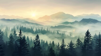 Obraz premium Misty morning in the forest: serene landscape with fog, mountains, and sunlight. Panoramic illustration of nature's beauty