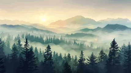 Tableaux ronds sur aluminium Matin avec brouillard Misty morning in the forest: serene landscape with fog, mountains, and sunlight. Panoramic illustration of nature's beauty