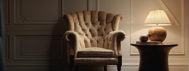 Classic English armchair on the background of an empty wall, Sunset light on the wall - obrazy, fototapety, plakaty