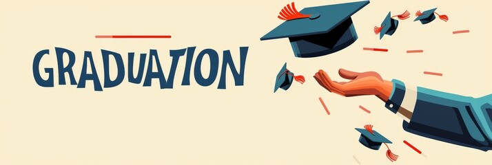 Dynamic illustration of a hand tossing graduation caps in the air