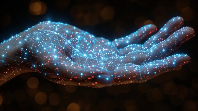 An abstract hand holding a digital programming code symbol on a dark technology background. Java script and software development concept.