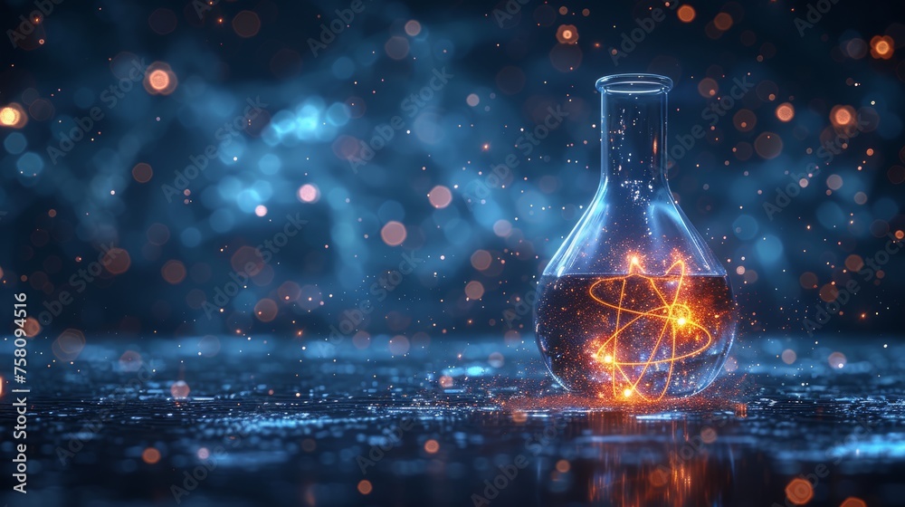 Poster Abstract polygonal tube with atom symbol and 3D effect. Digital scientific flask with nuclear molecule on a blue technology background. Chemical modern illustration.