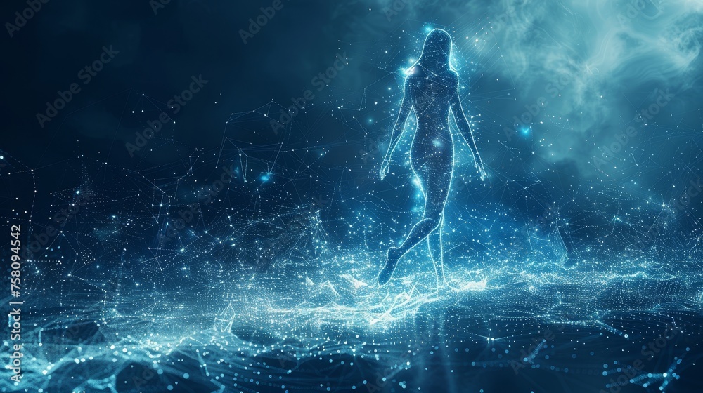 Poster A digital abstract of a human body in wireframe form. Blue low polygonal background. A technologically advanced futuristic image of a human body. Contains thin lines and dots.