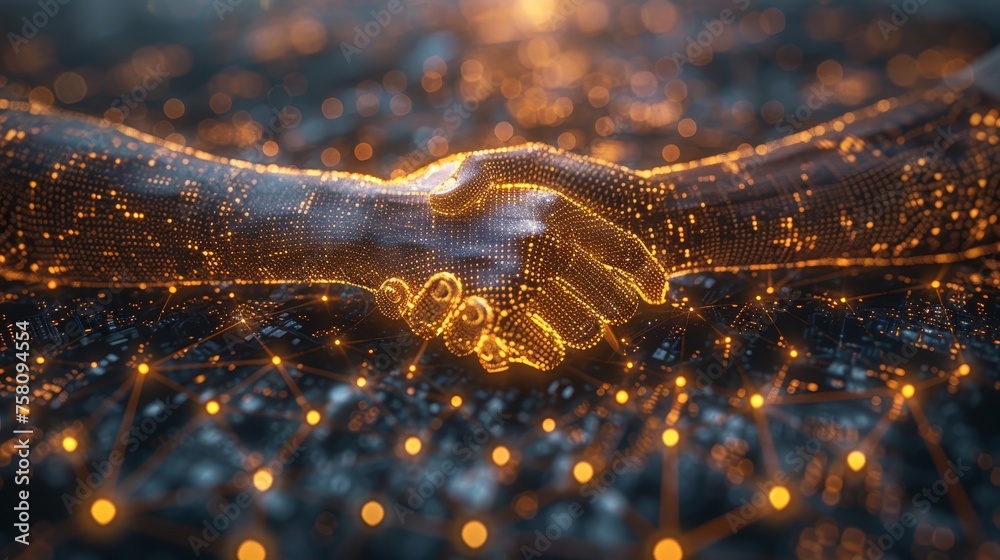 Aufkleber a partnership and business deal with an abstract digital handshake and a golden dollar coin on a dar