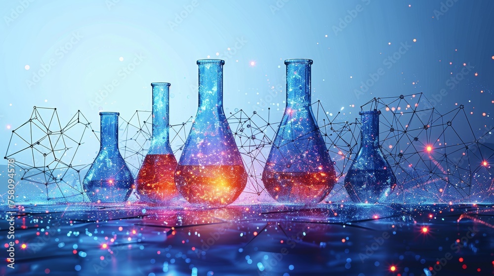 Poster the concept of chemistry science. abstract atom and test tube model on a white background. 3d lab fl