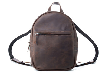 Brown leather backpack isolated on white