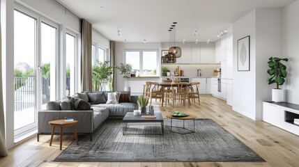 Interior design of modern scandinavian apartment, living room and dining room, panorama 3d rendering
