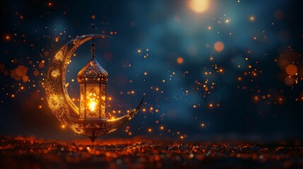 An abstract Ramadan lantern with a crescent in technology blue polygonal style. An Aid lantern with a burning candle inside. A digital Kareem lamp and moon. An Islamic background in polygonal style. - obrazy, fototapety, plakaty