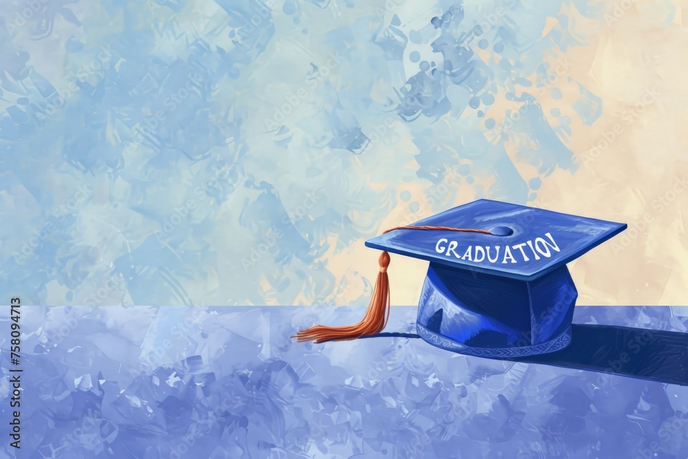 Poster blue graduation cap with tassel against abstract watercolor, 'graduation' text - Posters
