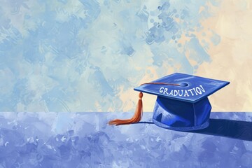 Blue graduation cap with tassel against abstract watercolor, 'GRADUATION' text - obrazy, fototapety, plakaty