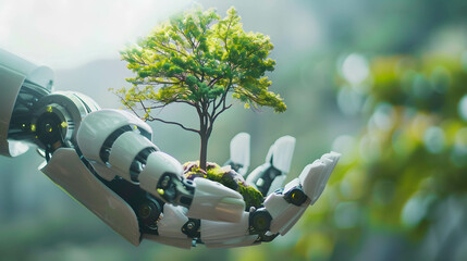 Robotic hand hold growing tree, growth of investment and environmental conservation using robots and AI, sustainable growth of investments and savings concept - obrazy, fototapety, plakaty