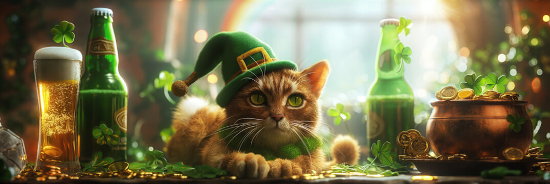 Charming cat in a leprechaun hat surrounded by st. Patrick's day decorations